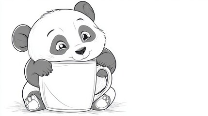 Adorable Baby Panda Holding a Mug, Cute Animal Illustration for Children's Designs and Coloring Pages