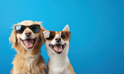 Two happy dogs wearing stylish sunglasses pose against a bright blue background, exuding fun and personality