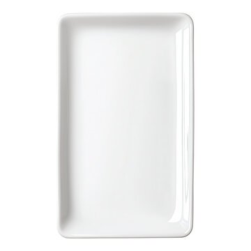 Clean empty white rectangular ceramic serving platter dish isolated transparent background perfect for food presentation