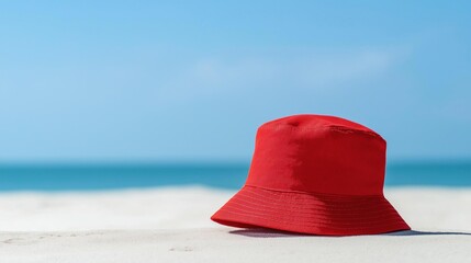 Red bucket hat lying on a sandy beach. the hat is facing towards the right side of the image and is positioned in the center of the frame.