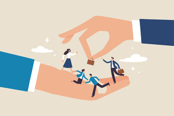 Organization resource, people or employee support, care, benefit or protection, workplace wellbeing, office community or employee care concept, businessman hand cover working employees with care.