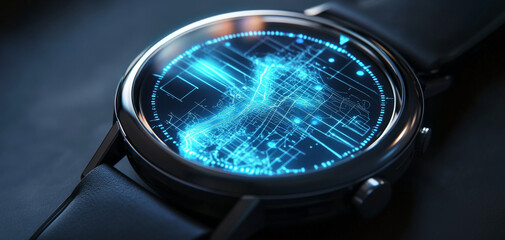 futuristic smartwatch displays holographic map with intricate blue lines and patterns, showcasing advanced technology and design. sleek black strap complements modern aesthetic
