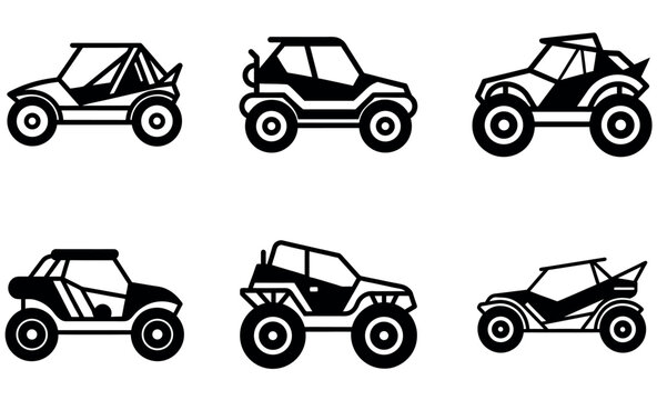 This graphic features a collection of black and white line art illustrations of different types of off-road vehicles. - Powered by Adobe