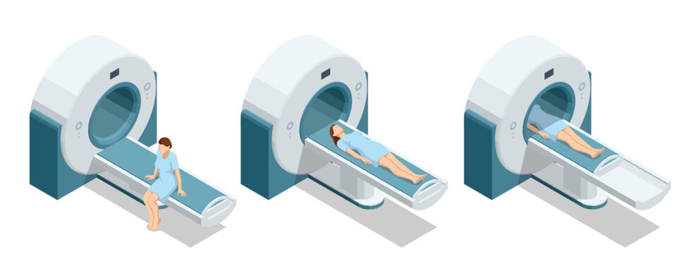 Isometric vector illustration of MRI consultation, a female patient sitting on MRI table talking to doctor holding medical records, pre-scan discussion. X-ray, radiology,