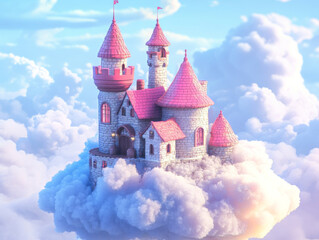whimsical castle perched on fluffy clouds, featuring pink turrets and charming design, evokes sense of wonder and fantasy. This enchanting scene invites imagination and dreams