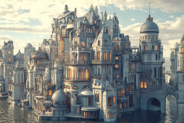 Fototapeta premium Imagine surreal cityscape where intricate structures rise majestically from water, showcasing ornate architecture and warm glowing windows. This enchanting scene evokes sense of wonder