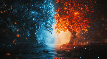 stunning landscape featuring two contrasting trees, one glowing blue and other vibrant orange, set against mystical background. scene evokes sense of wonder and tranquility, with shimmering