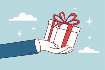Gift reward program, bonus or surprise present for customer, employee reward or lucky prize, birthday gift box or festive incentive, special loyalty program concept, hand giving gift box with ribbon.