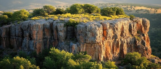 Scenic vista of a rugged rock cliff adorned with lush greenery under the warm glow of golden sunlight in a natural landscape