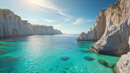 Fototapeta premium Coastal Bay With Rocky Cliffs And Turquoise Water