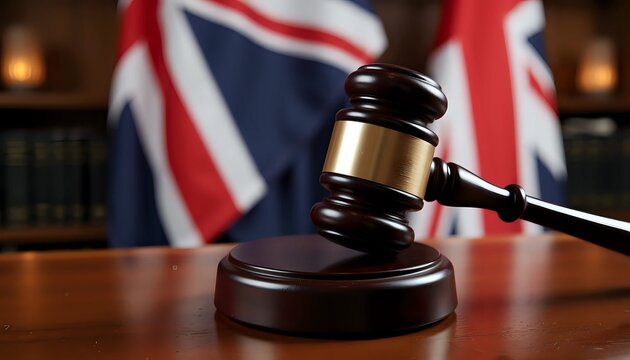 Gavel resting on sound block with british flag background - representing uk law