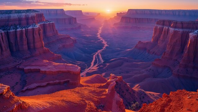 Beautiful canyon landscape illuminated by sunsets warm and cool colors