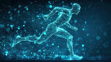 Fototapeta premium Dynamic Blueprint of a Runner in a Future Landscape of Digital Data and Computation in Motion