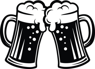 Two stylish beer mugs isolated line art vector illustration, two beer mugs silhouette vector art