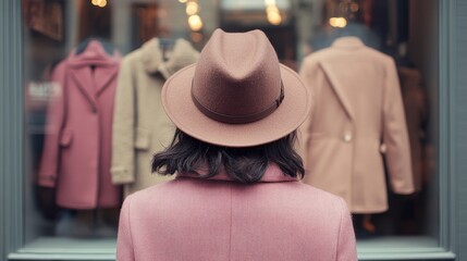 Elegant woman in pink coat and hat admiring vintage coats in a shop window creating a nostalgic fashion scene with classic style and muted tones