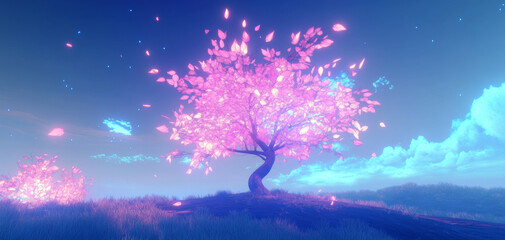vibrant tree with glowing pink leaves stands majestically against twilight sky, surrounded by softly floating petals. enchanting scene evokes sense of wonder and tranquility