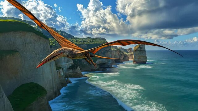 Prehistoric lizard pterodactyl soars gracefully over the ocean and cliffs in vibrant landscape