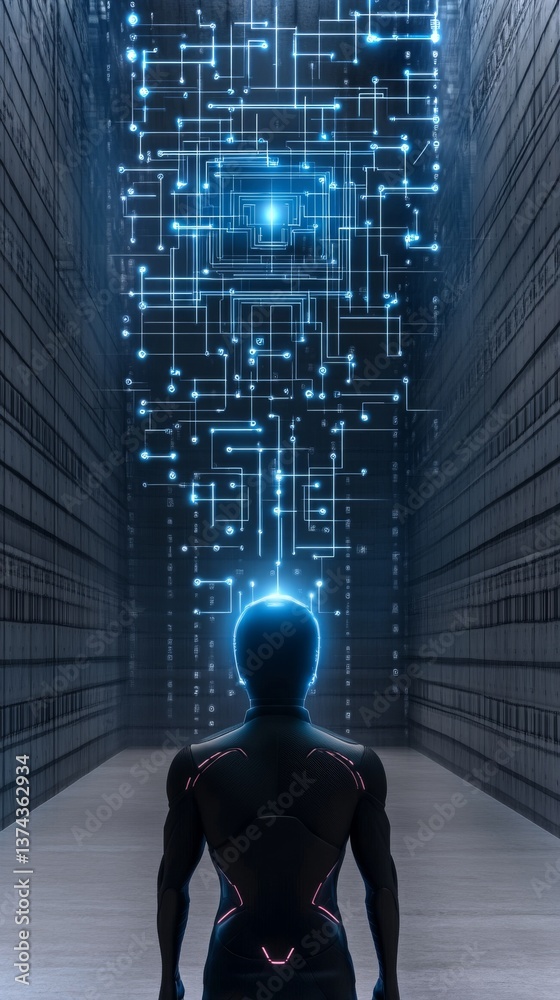 Poster exploring the frontiers of neural technology and thought visualization in a futuristic setting