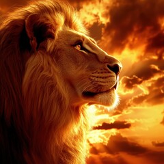 Naklejka premium Majestic lion portrait against dramatic sunset sky golden light powerful gaze serene expression animal kingdom wildlife nature strength courage