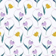 Vintage floral seamless pattern. Damask ornament with ribbon bows and tulips. Retro print with beautiful plants for fabric, wallpaper, wrapping paper. Elegant hand drawn vector illustration.