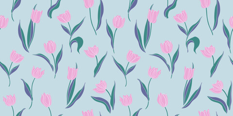 Beautiful floral seamless pattern. Spring background with tulips. Retro print with beautiful plants for fabric, wallpaper, wrapping paper. Elegant hand drawn vector illustration.
