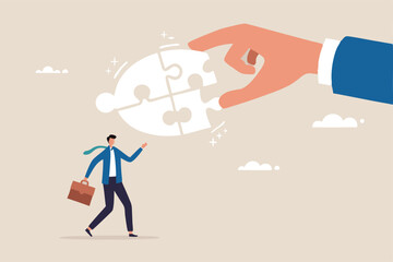 Complete communication speech bubble, solve or help employee communicate with dialogue puzzle, discussion or negotiation skill concept, businessman hand help connect jigsaw on speech bubble.