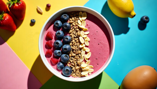Colorful protein fresh healthy smoothie food replacement bowl topped with fruits and nuts on a colorful background