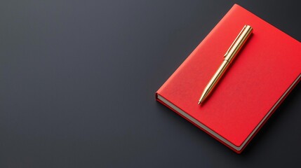 Red notebook with a gold pen resting on top of it. the notebook appears to be made of a hardcover material and has a rectangular shape with rounded edges.