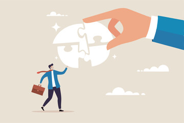 Complete communication speech bubble, solve or help employee communicate with dialogue puzzle, discussion or negotiation skill concept, businessman hand help connect jigsaw on speech bubble.