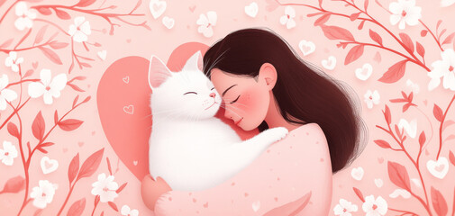 Cuddling with beloved pet brings warmth and joy, as girl embraces her white cat surrounded by soft pink flowers and hearts, creating serene and loving atmosphere