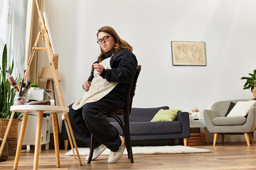 Creative young woman with Down syndrome expressing herself through art at home