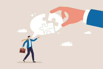 Complete communication speech bubble, solve or help employee communicate with dialogue puzzle, discussion or negotiation skill concept, businessman hand help connect jigsaw on speech bubble.
