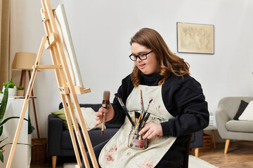 Creative young woman with Down syndrome expresses herself through art in a cozy home setting