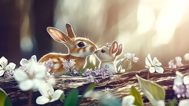 Cute little rabbits in the spring forest with blooming flowers.