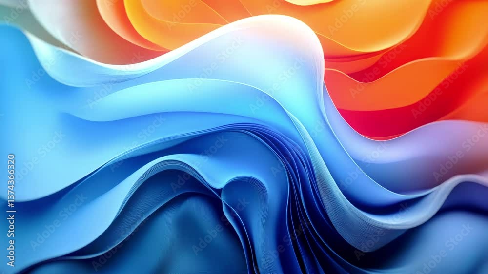 Poster Animation of a flowing, undulating pattern made up of complex shapes merging into one another in bright shades of blue and orange. The atmosphere of the composition focuses on the visual beauty