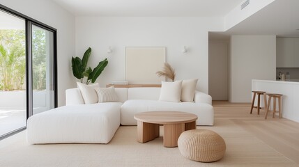 Fototapeta premium A stylish and contemporary living room featuring a light-colored sofa, wooden coffee table, and large windows, creating a bright and inviting atmosphere.