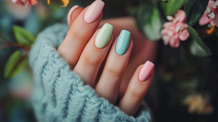 Fototapeta premium close up view of beautifully manicured nails featuring pastel colors, including pink, mint green, and light blue, set against backdrop of soft flowers and greenery, evoking fresh and vibrant feel