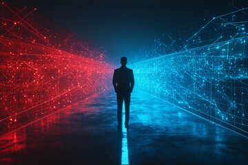 silhouette of person stands between two contrasting digital landscapes, one filled with red lights and other with blue lights, symbolizing choices and opportunities in tech driven world
