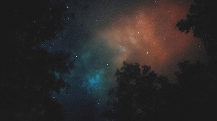 Obraz premium Starry night sky with colorful hues and silhouettes of trees at dusk