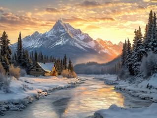 A small treehouse is hidden among the pine trees. A river meanders through the snow-covered area in the middle. The setting sun casts its glow on the snow-capped mountains in the evening.