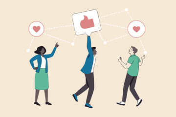 Social feedback, opinion or business advice, employee discussion, debate or customer comment, social media positive and negative feedback, people giving opinion with thumb up, thumb down feedback.