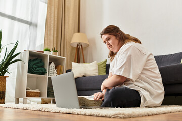Young woman with Down syndrome enjoys a cozy afternoon at home while using her laptop