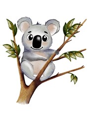 Delightful koala resting on a branch surrounded by green leaves in a vibrant watercolor design