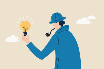Finding idea, solution or search for new opportunity, discover new invention idea, creativity, innovation or curiosity concept, detective man hold bright lightbulb idea think to solve problem.