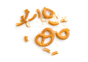 crumbs with german pretzel on white background
