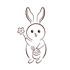 Cute bunny holding a basket with eggs and a flower in paw in line art style. Perfect for Easter greeting card, spring decor, coloring books and festive seasonal design. Isolated on a white background.