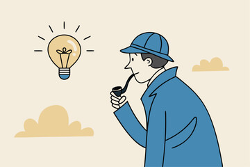 Finding idea, solution or search for new opportunity, discover new invention idea, creativity, innovation or curiosity concept, detective man hold bright lightbulb idea think to solve problem.