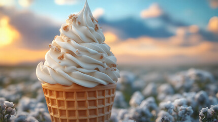 Soft serve ice cream cone placed among blooming cotton plants at sunset in a serene countryside setting