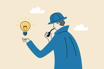 Finding idea, solution or search for new opportunity, discover new invention idea, creativity, innovation or curiosity concept, detective man hold bright lightbulb idea think to solve problem.