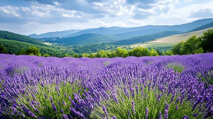 Fototapeta premium A field of lavender in full bloom with a backdrop of rolling hills